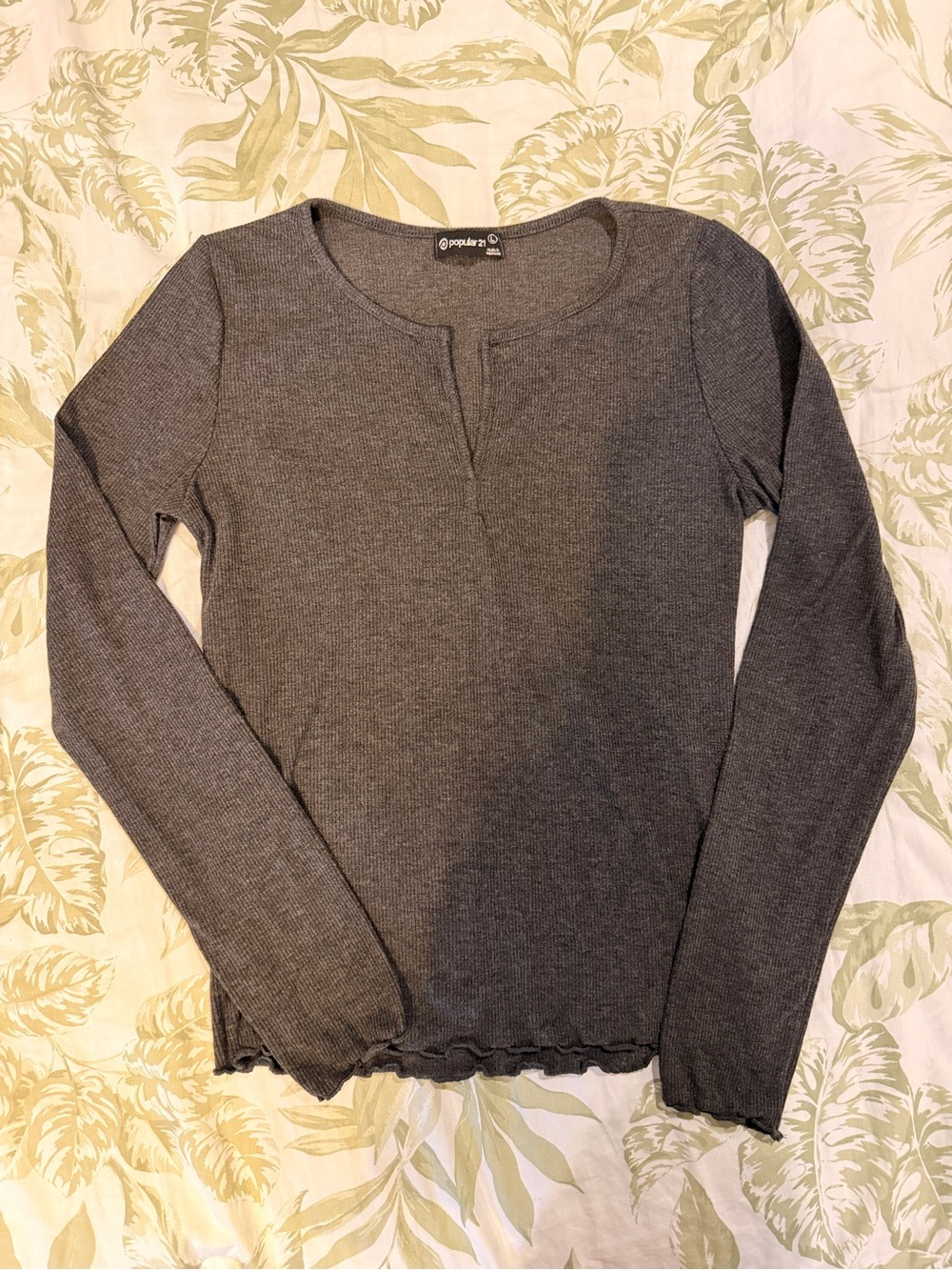 Ribbed Long Sleeve Notch-Neck Top in Charcoal Gray